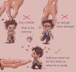  2boys angel black_hair blue_eyes carrying carrying_person castiel chibi coat cowlick crossed_arms dean_winchester english_text facial_hair fluffsnake full_body happy_aura heart highres how_to_hold_x_(meme) male_focus mature_male meme mini_person miniboy multiple_boys pink_background short_hair simple_background stubble supernatural_(tv_series) sweatdrop trench_coat 
