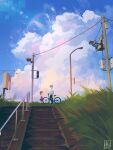  1boy 1girl alina_l bicycle black_pants blue_sky brown_hair brown_skirt child cloud cloudy_sky collared_shirt commentary day doujima_nanako full_body grass grey_hair hand_in_pocket highres lamppost long_hair low_twintails narukami_yuu outdoors pants persona persona_4 profile scenery shirt short_hair short_sleeves signature skirt sky stairs standing twintails twitter_username white_shirt 