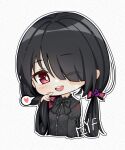  1girl black_hair black_ribbon chibi date_a_live goth_fashion hair_between_eyes heart highres looking_at_viewer low_twintails one_eye_closed open_mouth red_eyes ribbon solo speech_bubble teeth tokisaki_kurumi twintails upper_teeth_only yangfan 
