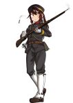  1girl absurdres arisaka bolt_action boots brown_hair combat_boots gloves gun hat highres imperial_japanese_army military military_hat military_uniform myon2 original rifle uniform weapon yellow_eyes 