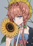  1girl blue_eyes blue_overalls braid brown_hair crown_braid dress fate/grand_order fate_(series) flower hat highres holding long_hair looking_at_viewer orange_hair overalls puffy_sleeves side_braid smile solo striped_clothes striped_headwear sunflower sunflower_petals van_gogh_(fate) waterstaring yellow_hat 