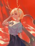  1girl antlers blue_shirt blue_skirt breasts cowboy_shot dragon_girl dragon_horns dragon_tail hand_in_own_hair highres horns kicchou_yachie long_skirt orchid_(pixiv3730518) red_background red_eyes shirt short_hair short_sleeves skirt small_breasts solo square_neckline tail touhou yellow_horns 