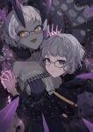  2girls absurdres bare_shoulders black_dress blue_eyes breasts choker cleavage coat collarbone colored_skin crooked_eyewear cropped_jacket detached_sleeves dress fate/grand_order fate_(series) glasses glowing glowing_hand grey_hair grey_skin highres holding_hands horns jacques_de_molay_(foreigner)_(fate) jacques_de_molay_(foreigner)_(second_ascension)_(fate) jacques_de_molay_(foreigner)_(third_ascension)_(fate) large_breasts looking_at_viewer multiple_girls open_mouth padded_coat short_hair skeletal_arm smile yellow_eyes zousuidaisuki1 
