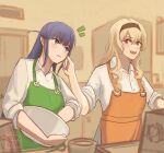  2girls apron black_hairband blonde_hair blue_eyes blush collared_shirt commentary green_apron hairband highres indoors kitchen long_hair mixing_bowl multiple_girls one_side_up open_mouth orange_apron parted_lips purple_hair red_eyes rtf_11th saijou_claudine shirt shoujo_kageki_revue_starlight sleeves_rolled_up smile tsuyuzaki_mahiru upper_body white_shirt 