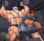  2boys abs absurdres armpit_hair armpits bara beard branch brown_hair cassidy_(overwatch) dumbbell exercising facial_hair gym gym_shirt gym_shorts gym_uniform hairy highres large_pectorals leggings looking_at_another male_focus manly mature_male multiple_boys muscular muscular_male nipples open_mouth overwatch pectorals ponytail reinhardt_(overwatch) robertsilva scar shirt short_hair shorts smirk steam steaming_body t-shirt teeth thick_arms thick_eyebrows thick_thighs thighs tight_clothes tongue very_hairy weightlifting white_hair 
