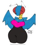 2024 antennae_(anatomy) anthro arthropod artist_name big_breasts big_eyes biped black_bottomwear black_clothing black_pants black_text blue_body blue_breasts bodysuit bottomwear breasts cleavage clothed clothed_anthro clothed_female clothing compound_eyes cosplay crossover crossover_cosplay digital_drawing_(artwork) digital_media_(artwork) female freckled_breasts freckles front_view hi_res image_comics insect invincible_(comics) invincible_(tv_series) legs_together light_body looking_at_viewer monotone_body mouthless neck_ring no_irises pants pink_clothing pink_topwear portrait pupils red_eyes rouge_the_bat sega simple_background skinsuit solo sonic_the_hedgehog_(series) standing text thick_thighs thraxan three-quarter_portrait tight_clothing topwear unusual_pupils white_background wide_hips yoshua_russo