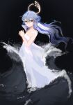  1girl alternate_costume arlecchumi bare_arms bare_shoulders black_background blue_hair commentary dress head_wings highres honkai:_star_rail honkai_(series) long_hair looking_at_viewer robin_(honkai:_star_rail) simple_background solo strapless strapless_dress very_long_hair white_dress wings 