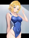  1girl alternate_costume blonde_hair blue_eyes blue_one-piece_swimsuit braid breasts commentary_request competition_swimsuit covered_navel crown_braid hair_ornament hairclip hand_up highleg highleg_swimsuit highres looking_at_viewer medium_breasts one-piece_swimsuit parted_bangs parted_lips pointy_ears princess_zelda short_hair solo swimsuit the_legend_of_zelda the_legend_of_zelda:_tears_of_the_kingdom tsukiyuki_mike white_one-piece_swimsuit 