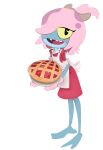amphibia_(series) amphibian anthro apron blue_body blue_skin blush clothing disney eyelashes female food frog hair hi_res looking_at_viewer maddie_flour open_mouth pastry pie pink_hair solo unknown_artist yellow_eyes
