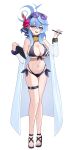  1girl 82jhin absurdres ako_(blue_archive) bell bikini blue_archive blue_eyes blue_hair blue_halo blush breasts chain cosplay cowbell cuffs eyewear_on_head halo highres iori_(blue_archive) iori_(blue_archive)_(cosplay) iori_(swimsuit)_(blue_archive) large_breasts open_mouth sandals shackles simple_background solo stylus sunglasses swimsuit tablet_pc thigh_strap white_background 