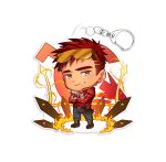  1boy absurdres blue_pants brown_footwear character_charm charm_(object) chibi crossed_arms derek_kingsfield full_body highres jacket jock_studio_(blits_games) light_smile looking_at_viewer male_focus merchandise mikkoukun pants red_hair red_jacket shoes solo teeth 