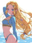  adapted_costume arm_up bikini blonde_hair blue_bikini blue_eyes breasts bs9999s earrings hair_ornament hairclip highres jewelry long_hair looking_at_viewer low-tied_long_hair navel pointy_ears princess_zelda smile swimsuit the_legend_of_zelda the_legend_of_zelda:_breath_of_the_wild upper_body 