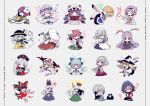  1boy 6+girls animal_ears black_hair black_hairband black_hat blonde_hair blue_hair blue_hat bow brown_hair bun_cover chibi cirno commentary_request detached_wings double_bun ex-keine flower glasses green_hair grey_background grey_hair hair_bow hair_bun hair_flower hair_ornament hairband hakurei_reimu half_updo hat hat_ribbon heart hieda_no_akyuu horn_bow horn_ornament horns ibaraki_kasen ice ice_wings izayoi_sakuya kamishirasawa_keine kazami_yuuka kirisame_marisa kishin_sagume komeiji_koishi komeiji_satori lightning_bolt_symbol long_hair maid_headdress miyako_yoshika mizuhashi_parsee mob_cap morichika_rinnosuke multiple_girls nurse_cap patchouli_knowledge phone pink_hair pink_hat purple_hair purple_hat rabbit_ears rabbit_girl red_bow reisen_udongein_inaba ribbon saigyouji_yuyuko shikimi_(yurakuru) short_hair simple_background single_wing third_eye touhou umbrella white_flower white_hat wings witch_hat yagokoro_eirin yakumo_yukari 