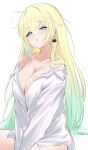  1girl absurdres aizawa_ema bare_shoulders blonde_hair blue_eyes blue_hair blunt_bangs breasts bright_pupils cat_earrings collared_shirt dress_shirt gradient_hair green_hair hair_flaps head_tilt highres large_breasts long_hair long_sleeves looking_at_viewer messy_hair multicolored_hair naked_shirt no_bra off_shoulder open_clothes open_shirt parted_lips prsdubstep shirt simple_background sitting sleepy solo v_arms very_long_hair virtual_youtuber vspo! white_background white_pupils white_shirt wing_collar 