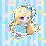  1girl :d blonde_hair blue_dress blue_eyes blue_footwear chibi chii_(chi_pppuri) commentary_request cream dress food-themed_clothes full_body gelatin highres himitsu_no_aipri holding holding_spoon hoshikawa_mitsuki idol_clothes long_hair looking_at_viewer open_mouth outline pretty_series shoes signature smile solo spoon standing striped_background very_long_hair white_outline 