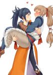  1boy 1girl absurdres blue_hair blush carrying carrying_person commission commissioner_upload embarrassed fire_emblem fire_emblem_fates fire_emblem_heroes full-face_blush gloves highres igni_tion japanese_clothes kimono long_hair looking_at_another md5_mismatch oboro_(fire_emblem) orange_kimono ponytail princess_carry red_eyes role_reversal smile takumi_(fire_emblem) very_long_hair 