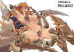  1girl abs armpits arthropod_girl blue_eyes breasts bug english_commentary english_text helldivers_(series) heterochromia highres hive_guard_(helldivers) large_breasts long_hair long_tongue multiple_legs multiple_tongues muscular muscular_female open_mouth orange_hair red_eyes revealing_clothes sharp_teeth simple_background solo squinting sweat teeth terminid_(helldivers) thick_thighs thighs tongue tongue_out torahime_(roland00) upper_teeth_only white_background 