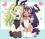  2girls animal_ears black_leotard black_thighhighs blush bow bowtie breasts brown_eyes circlet commentary commission crossover dark-skinned_female dark_skin detached_collar double_v english_commentary fake_animal_ears fake_tail fire_emblem fire_emblem_awakening full_body green_hair high_heels highres iris_(pokemon) kneeling leotard long_hair looking_at_viewer multiple_girls nowi_(fire_emblem) one_eye_closed onyhakase open_mouth playboy_bunny pointy_ears pokemon pokemon_bw purple_eyes purple_hair rabbit_ears rabbit_pose rabbit_tail second-party_source small_breasts smile strapless strapless_leotard tail thighhighs v very_long_hair white_leotard white_thighhighs wrist_cuffs 