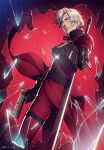  1boy bishounen black_gloves blue_eyes closed_mouth coat dante_(devil_may_cry) devil_may_cry_(series) devil_may_cry_2 ebony_&amp;_ivory gloves gun handgun holding holding_weapon kuren male_focus pointing_gun pointing_weapon red_coat solo standing upper_body weapon weapon_on_back white_hair 