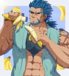  1boy abs banana bara beard bucchigiri?! chest_hair douman_kenichirou eating facial_hair food fruit highres holding holding_food holding_fruit male_focus muscular muscular_male open_clothes open_shirt scar_on_shoulder short_ponytail thick_eyebrows upper_body zeff_ozaki 