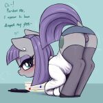 1:1 absurd_res ass_up blush bottomwear clothed clothing dialogue equid equine eyelashes female feral friendship_is_magic genitals grey_body hair hasbro hi_res legwear mammal maud_pie_(mlp) my_little_pony no_underwear pupils purple_hair pussy skirt solo t72b thigh_highs