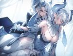  2girls arias_the_labrynth_butler breasts butler cleavage demon_girl demon_horns demon_wings dress duel_monster female_butler genyaky gloves grey_eyes grey_hair horns large_breasts leotard leotard_under_clothes long_hair lovely_labrynth_of_the_silver_castle low_wings monocle multiple_girls pointy_ears transparent_wings twintails white_hair white_horns wings yu-gi-oh! 