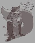  2021 anthro breasts canid canine dialogue english_text female fox grey_background hair honey_(mewmus) long_tail looking_at_viewer mammal mewmus nipples open_mouth simple_background solo text 