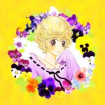  1girl black_ribbon blonde_hair blush commentary_request earrings flower goldenhoney jewelry long_sleeves looking_at_viewer neck_ribbon purple_shirt ribbon shirt short_hair sidelocks smile solo sparkle sugar_sugar_rune upper_body vanilla_mieux violet_(flower) yellow_background 