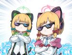  2girls animal_ear_headphones animal_ears blonde_hair blue_archive blue_bow blue_necktie blunt_bangs bow cat_ear_headphones closed_mouth commentary cowboy_shot crossed_arms facing_viewer fake_animal_ears green_halo halo headphones highres jacket long_sleeves low-tied_sidelocks midori_(blue_archive) momoi_(blue_archive) morizo_(morizoshop) multiple_girls necktie pink_halo pyroxene_(blue_archive) red_bow shirt short_hair siblings sleeves_past_wrists twins white_jacket white_shirt 