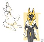anthro anubian_jackal anubis anubis_(catjam) black_body black_fur blonde_hair canid canine canis catjam_(artist) clothed clothing clothing_lift deity egyptian_mythology fur genitals hair jackal looking_at_viewer looking_back mammal middle_eastern_mythology mythology nonbinary_(lore) penis smile solo yellow_penis