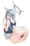  1girl absurdres against_wall animal_ear_fluff animal_ears ass back_cutout blue_archive breasts clothing_cutout cropped_legs grey_hair halo highres huge_breasts invisible_wall looking_at_viewer looking_back shiroko_(blue_archive) shiroko_(swimsuit)_(blue_archive) shiroko_terror_(blue_archive) simple_background simsim_han-u solo two-tone_one-piece_swimsuit white_background wolf_ears 