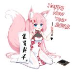  1girl 2022 animal_ear_fluff animal_ears blue_eyes bow breasts calligraphy calligraphy_brush china_dress chinese_clothes dress fox_ears fox_girl fox_tail hair_bow hair_ornament happy_new_year highres holding ink long_hair mio_amemiya new_year no_shoes open_mouth original paintbrush paper pink_hair ribbon simple_background sitting sleeveless sleeveless_dress small_breasts smile solo tail thighhighs thighs very_long_hair white_background white_dress white_legwear 