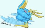 anthro autocunnilingus big_breasts biped blue_body blue_scales breasts dragon female genitals gold_scales horn huge_breasts lying masturbation mythological_creature mythological_scalie mythology nipples on_back oral oral_masturbation pussy realius scales scalie solo thick_thighs vaginal vaginal_masturbation yellow_horn