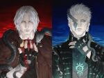  2boys abionicsheep animal animal_around_neck apple bishounen black_gloves blood blood_on_hands blue_coat blue_eyes brothers coat dante_(devil_may_cry) demon_boy devil_may_cry_(series) devil_may_cry_5 facial_hair fingerless_gloves food fruit gloves hair_over_one_eye hair_slicked_back highres holding long_hair looking_at_viewer male_focus multiple_boys red_coat siblings smile snake twins vergil_(devil_may_cry) white_hair yellow_eyes 