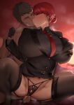  1boy 1girl absurdres bar_censor belt black_belt black_gloves black_shirt black_thighhighs blush breast_hold breasts censored curvy dark-skinned_male dark_skin earrings faceless faceless_male female_pubic_hair french_kiss gloves highres hongryeon_(last_origin) huge_breasts jewelry kiss large_breasts last_origin navel necktie perfellcsaiko plump pubic_hair red_background red_eyes red_hair red_necktie saliva sex shirt simple_background spread_legs squatting steam steaming_body sweat testicles thighhighs 