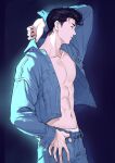  1boy 4305869_(pixiv4305869) abs absurdres adjusting_clothes arm_up black_hair blue_background blue_jacket blue_pants blue_theme cowboy_shot from_side hand_on_own_hip highres jacket long_sleeves looking_ahead male_focus male_underwear mitsui_hisashi navel pants pompadour profile short_hair slam_dunk_(series) solo underwear white_male_underwear 