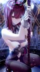  1girl atha_(leejuiping) black_pantyhose blurry blurry_background breasts collar fate/grand_order fate_(series) gloves hair_between_eyes highres holding holding_pole leotard long_hair looking_at_viewer medium_breasts navel pantyhose pole purple_hair red_eyes scathach_(fate) solo squatting strapless strapless_leotard white_gloves 