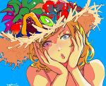  1girl ashelia_b&#039;nargin_dalmasca blonde_hair blue_eyes final_fantasy final_fantasy_xii flower food fruit hands_on_own_face hat hat_flower lips long_hair looking_at_viewer mochi_(hanamaruudondesu) puckered_lips simple_background solo straw_hat 