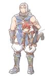  2boys adol_christin alternate_size boots brown_gloves carrying carrying_person commentary_request cross-laced_footwear duren_(ys) full_body gloves grey_eyes hair_between_eyes highres long_hair male_focus mature_male mishiro_(andante) multiple_boys open_mouth red_hair simple_background size_difference standing white_background white_hair ys ys_memories_of_celceta 