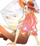  1girl animal bird charlotte_linlin cloud cloudy_sky commentary_request cowboy_hat hat highres korean_commentary lips lipstick long_hair looking_at_viewer looking_back lunglu7 makeup one_piece pink_hair pink_lips pink_shirt sash shirt sitting sky smile solo 