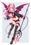  1girl belt bow breasts commentary_request cropped_shirt demon_girl demon_horns demon_tail demon_wings fangs frilled_shirt frills full_body gloves grin half_gloves highres holding_trident horns long_hair looking_at_viewer medium_breasts natsumoto navel one_eye_closed original pink_hair pointy_ears polearm purple_eyes red_bow red_gloves shirt short_shorts shorts smile solo tail thigh_strap thighhighs trident two_side_up weapon wings 