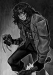  1boy armor baseball_bat belt black_gloves black_pants chain coat facial_hair gloves greyscale heathcliff_(project_moon) highres holding holding_mask iseong limbus_company long_hair mask messy_hair monochrome pants project_moon rabbit_mask scar scar_on_face shoulder_armor solo spiked_bat spoilers stubble 