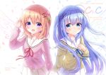  2020 2021 :d blue_eyes blue_hair blue_ribbon blush copyright_name dated floating_hair flower fujii_tatsuya gochuumon_wa_usagi_desu_ka? hair_flower hair_ornament hand_in_hair highres holding_hands hoto_cocoa hoto_cocoa&#039;s_school_uniform kafuu_chino leaf_hair_ornament light_brown_hair long_hair long_sleeves looking_at_viewer miniskirt neck_ribbon pink_flower pink_sweater pleated_skirt purple_eyes red_ribbon ribbon sailor_collar school_uniform shiny shiny_hair single_wing skirt smile sweater very_long_hair white_background white_sailor_collar white_skirt white_wings wings x_hair_ornament yellow_sweater 