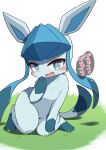 2024 4_toes ambiguous_gender blue_body blue_fur blush cute_fangs dialogue digital_media_(artwork) eeveelution feet feral fur generation_4_pokemon glaceon green_body green_fur hi_res japanese_text kemono kneeling koorinezumi looking_at_viewer nintendo open_mouth paws pokemon pokemon_(species) smug solo speech_bubble talking_to_viewer text toes tongue translation_request