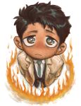  1boy absurdres angel black_hair blue_eyes castiel chibi coat facial_hair fluffsnake forced_perspective full_body highres male_focus mature_male mini_person miniboy ring_of_fire short_hair simple_background solo stubble supernatural_(tv_series) trench_coat white_background 