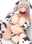  1girl animal_collar animal_ears animal_print bell bikini blush breasts closed_eyes collar cow_ears cow_girl cow_horns cow_print cowbell curvy ear_tag elbow_gloves embarrassed fake_animal_ears fake_horns gloves hair_over_shoulder highres horns huge_breasts kuronyan long_hair micro_bikini navel neck_bell side-tie_bikini silver_hair solo spread_legs sweat swimsuit thighs uzaki-chan_wa_asobitai! uzaki_tsuki 