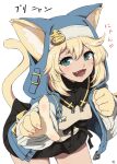  1boy 4shi :d animal_ears black_skirt blonde_hair blue_jacket bridget_(guilty_gear) cat_ears cat_tail commentary_request cowboy_shot fangs green_eyes guilty_gear highres hood jacket kemonomimi_mode looking_at_viewer male_focus miniskirt open_clothes open_jacket open_mouth otoko_no_ko short_hair skirt smile solo standing tail translation_request 