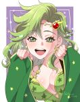  1girl :d aged_up blush breasts cape dated detached_sleeves earrings final_fantasy final_fantasy_iv fingernails green_eyes green_hair highres jewelry long_hair looking_at_viewer open_mouth rydia_(ff4) shikiwo smile solo star_(symbol) star_earrings wide_sleeves 