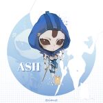  1girl android animification apex_legends ash&#039;s_rat_(apex_legends) ash_(titanfall_2) black_sclera blue_leotard character_name chibi chinese_commentary colored_sclera highres holding holding_sword holding_weapon hood hood_up hooded_leotard leotard looking_at_viewer mouse solo sword weapon white_eyes xianst zoom_layer 