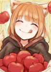  1girl :q absurdres animal_ear_fluff animal_ears apple black_cloak blush brown_hair cloak closed_eyes closed_mouth commentary_request facing_viewer food fruit harurukan highres holo hood hooded_cloak portrait solo spice_and_wolf tongue tongue_out twitter_username wolf_ears wolf_girl 
